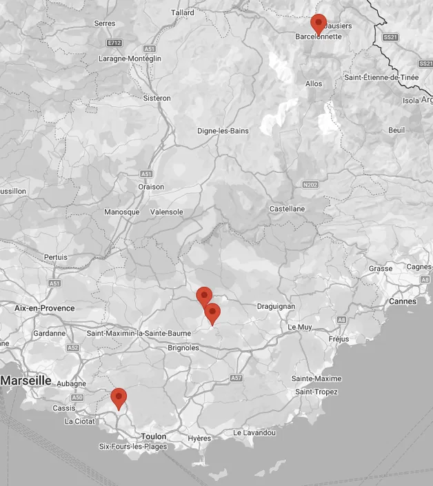 Carte des agences LEGIDIAG Carte des agences LEGIDIAG : Barcelonnette, Carcès, Cotignac et Le Castellet