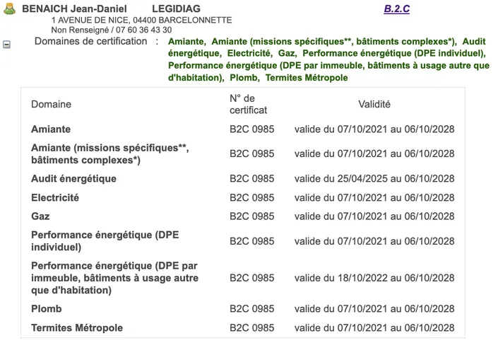 Certifications LEGIDIAG Certifications LEGIDIAG (B.2.C n° B2C 0985) : amiante avec mention, audit énergétique, électricité, gaz, DPE individuel et DPE immeuble avec mention, plomb, termites
